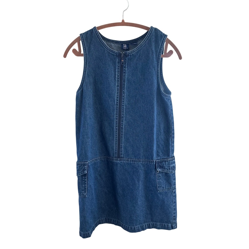 SO‎ Denim Jumper Dress Girls Blue Medium Wash Zip Front Cargo Pockets Sleeveless